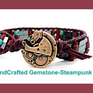 Steampunk Fusion: Leather Cuff Bracelet with Gemstone Bracelet - Boho Jewelry
